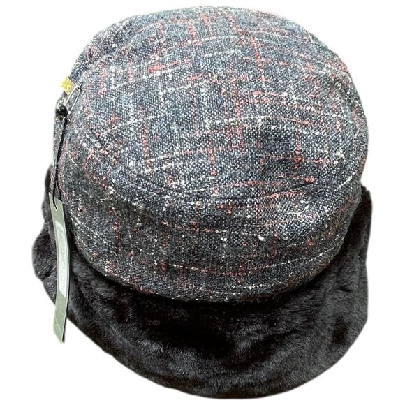 Nobis Plaid Tweed Faux Fur Ear Flaps Trapper Hat Cap Gray Red Winter Warm NWT main image 13